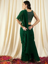 Pre-Draped Sarree with Blouse in Green Color